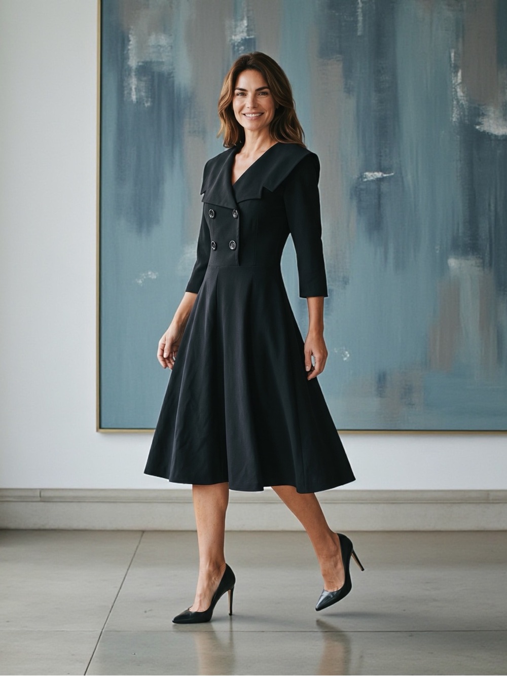Bettie Page Black Double-Breasted Fit-and-Flare Midi Dress NWT